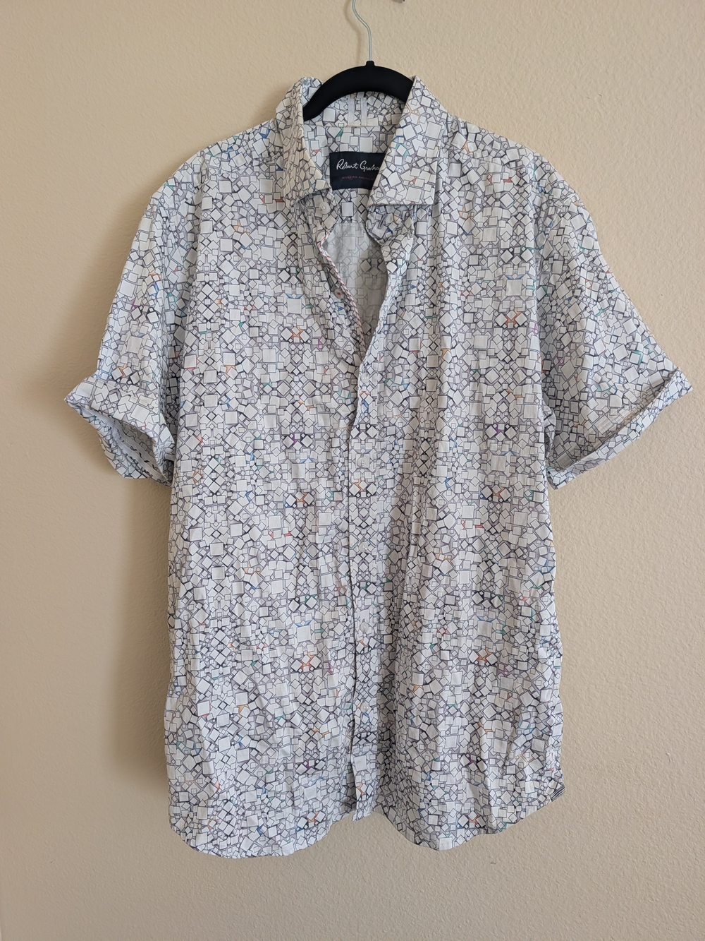 Robert Graham White Short Sleeve Button-Down with Multicolor Geometric Print